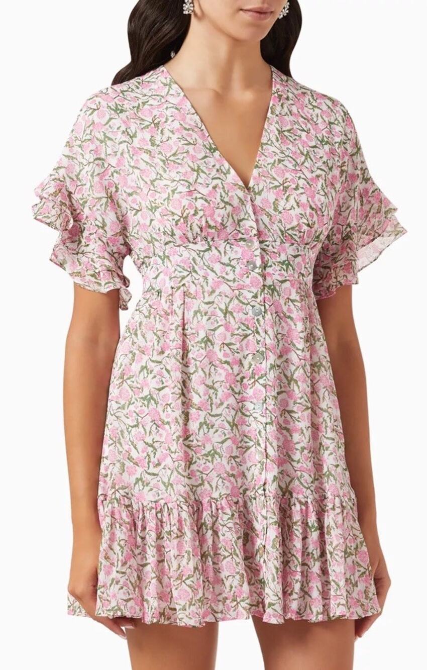 Minkpink Liberty Pink Floral Mini Dress V-Neck Button Short Sleeve - Size L